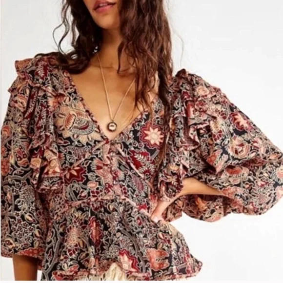 House of Harlow 1960 Jaipur Print Boho Abstract Floral Blouse Top Sz L Black Red - Picture 15 of 16